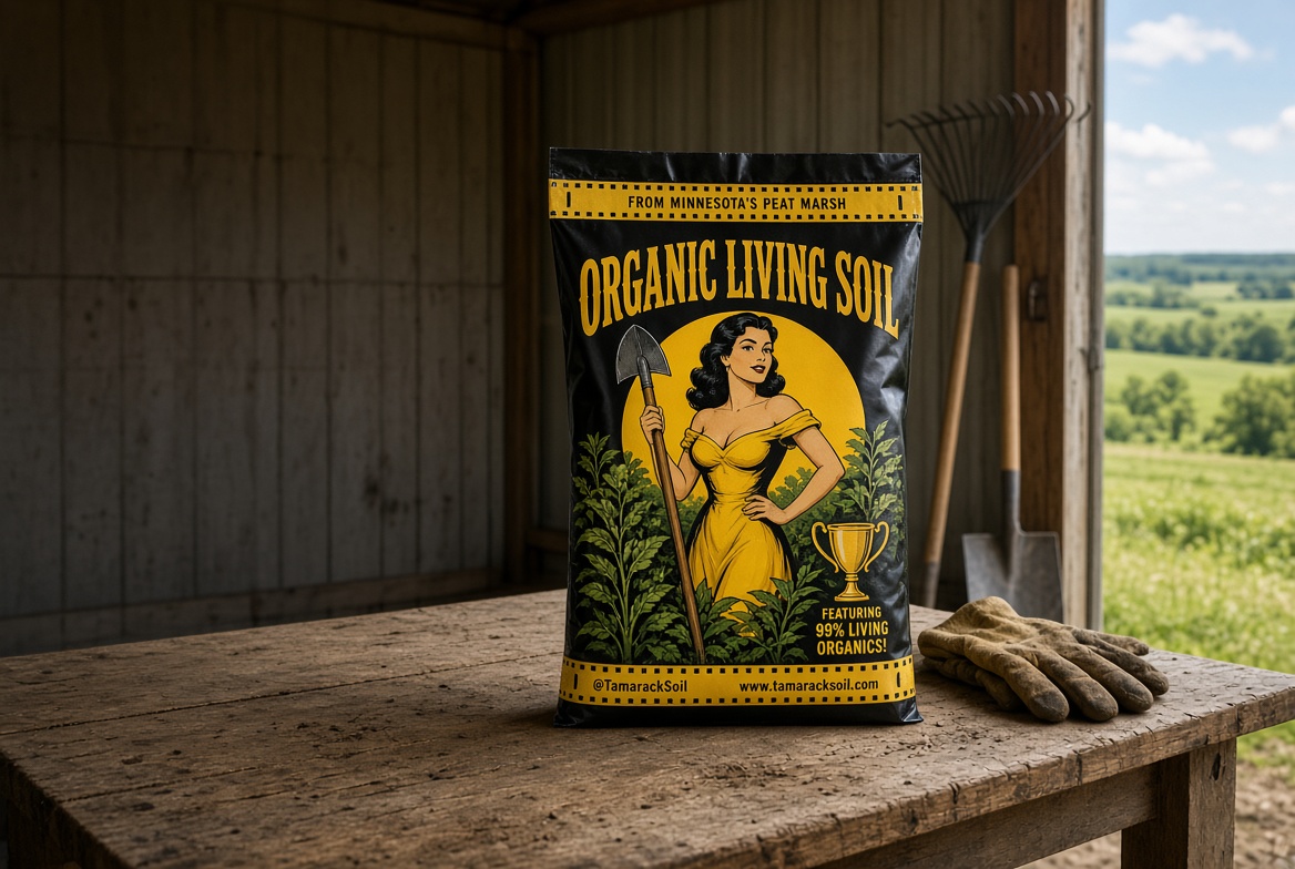 Tamarack organic living soil bag on a Minnesota workbench